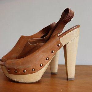 Brown Leather Wooden Heels